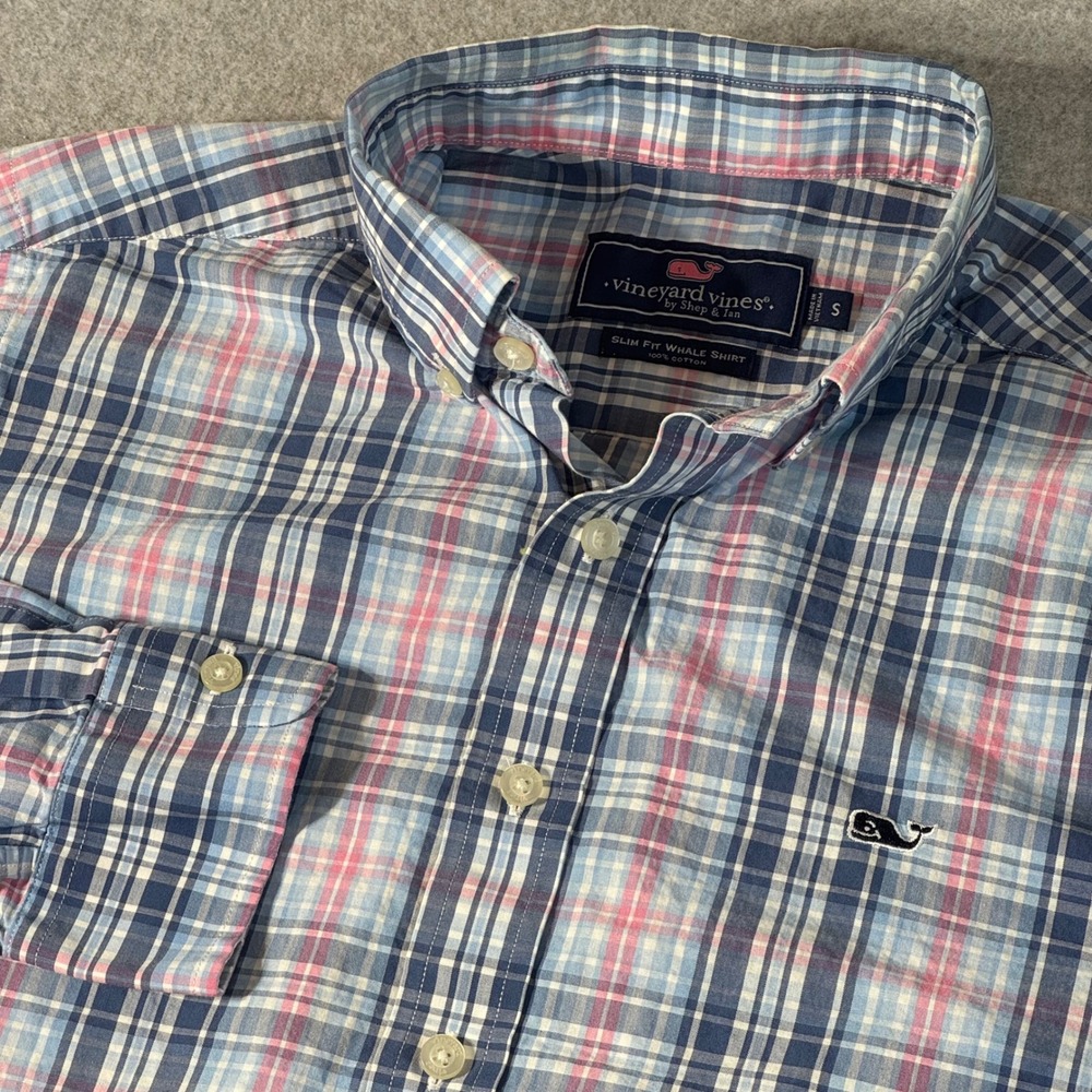 Vineyard Vines Slim Fit Whale Shirt Mens S Blue Pink Plaid Cotton Button Down